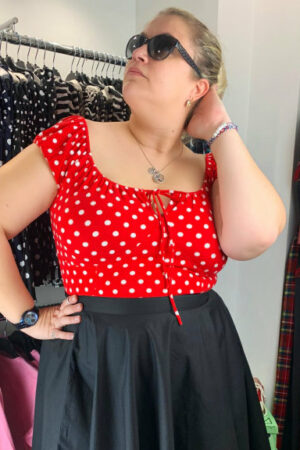 SUSAN BARDOT STYLE OFF/ON SHOULDER TIE TOP RED & WHITE POLKA