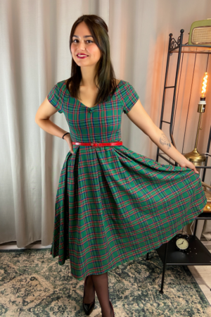 LILY GREEN TARTAN OFF SHOULDER SWING DRESS