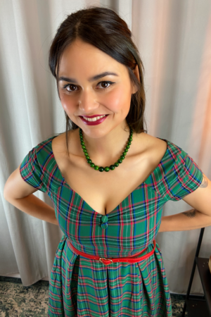 LILY GREEN TARTAN OFF SHOULDER SWING DRESS