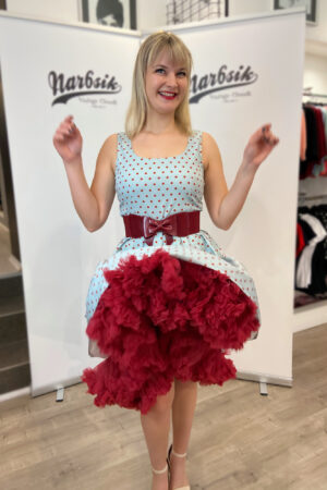 AMANDA SWING DRESS IN BABY BLUE AND RED POLKA