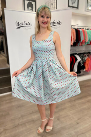 AMANDA SWING DRESS IN BABY BLUE AND RED POLKA