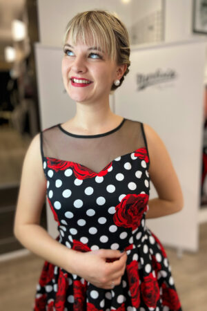 ELIZABETH SWING DRESS IN BLACK AND ROSE POLKA