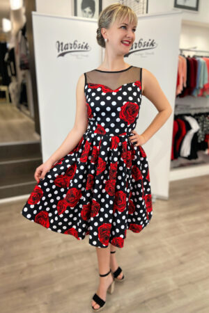 ELIZABETH SWING DRESS IN BLACK AND ROSE POLKA