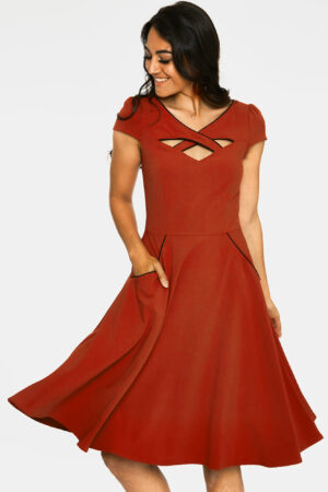 CRISS CROSS NECKLINE RUST FLARE DRESS